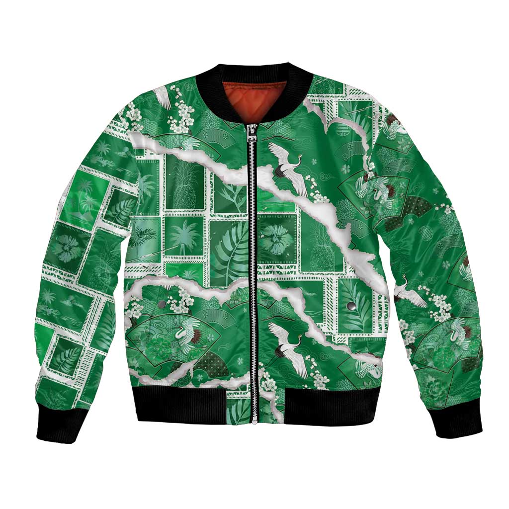 Hawaii Japanese Culture Green Bomber Jacket Spring Cranes Aloha Pattern LT01 Unisex Green - Polynesian Pride