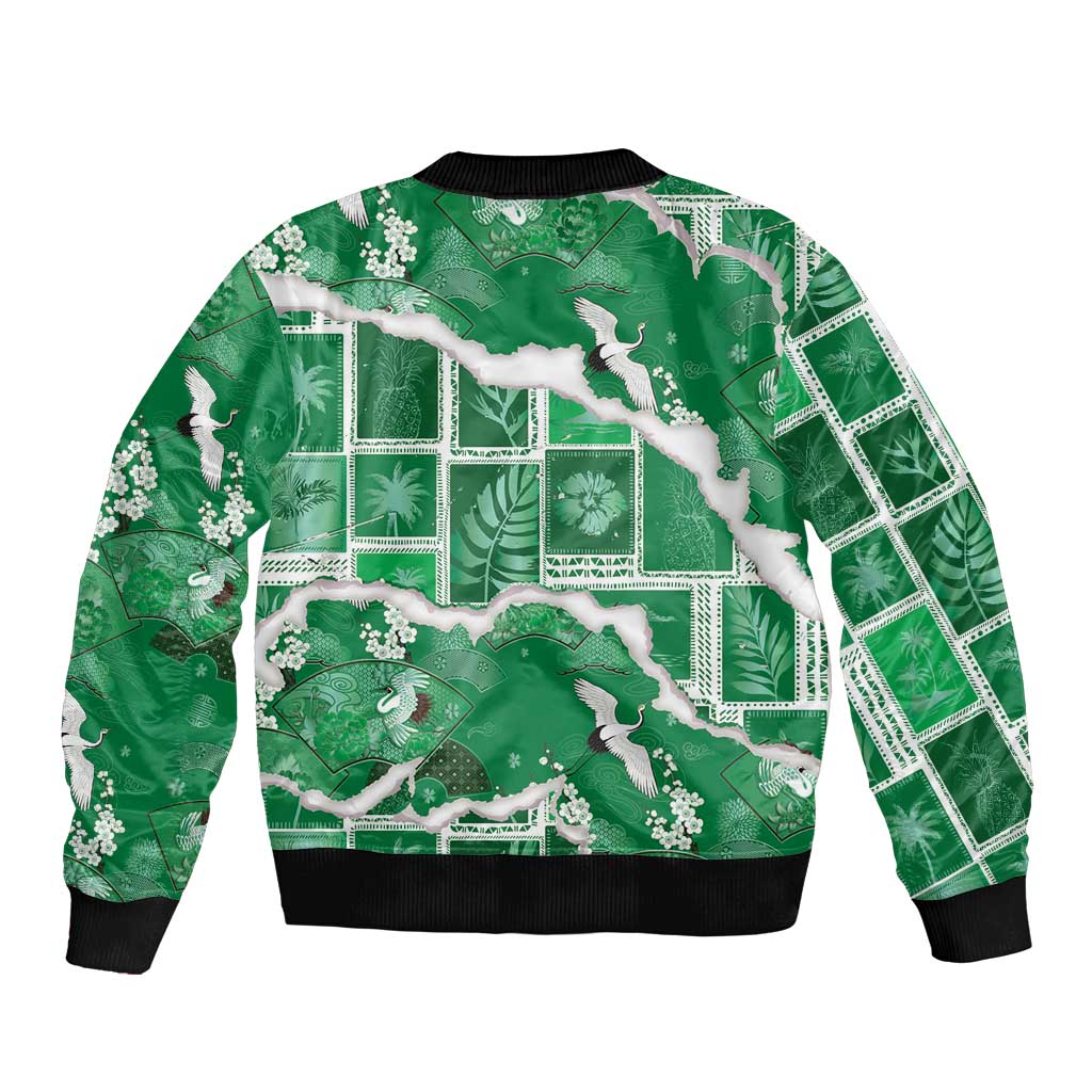 Hawaii Japanese Culture Green Bomber Jacket Spring Cranes Aloha Pattern LT01 - Polynesian Pride