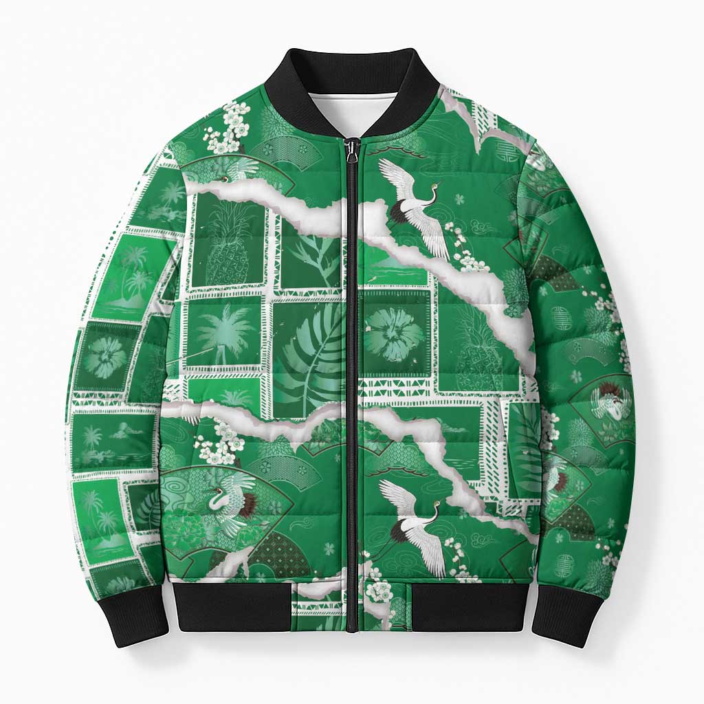 Hawaii Japanese Culture Green Bomber Puffer Jacket Spring Cranes Aloha Pattern LT01 Unisex Green - Polynesian Pride