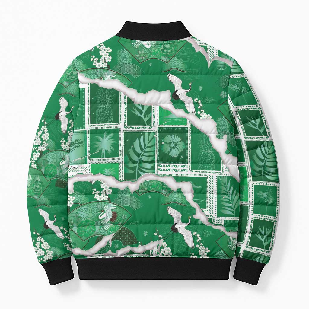 Hawaii Japanese Culture Green Bomber Puffer Jacket Spring Cranes Aloha Pattern LT01 - Polynesian Pride