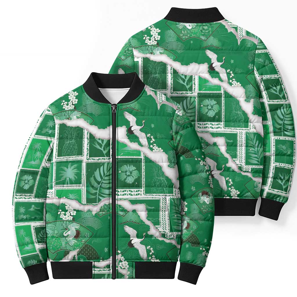 Hawaii Japanese Culture Green Bomber Puffer Jacket Spring Cranes Aloha Pattern LT01 - Polynesian Pride