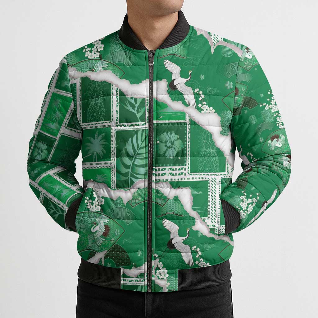 Hawaii Japanese Culture Green Bomber Puffer Jacket Spring Cranes Aloha Pattern LT01 - Polynesian Pride