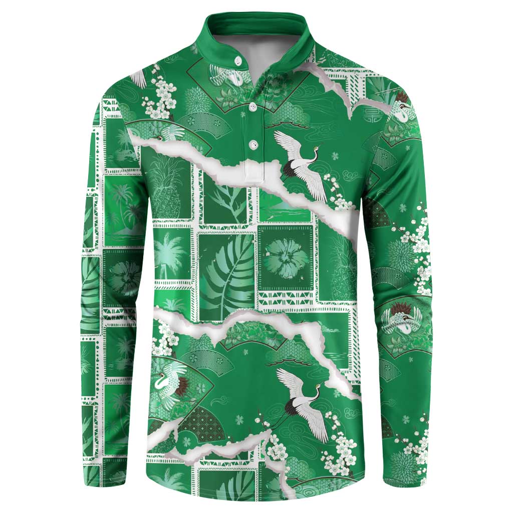 Hawaii Japanese Culture Green Button Sweatshirt Spring Cranes Aloha Pattern LT01 Green - Polynesian Pride