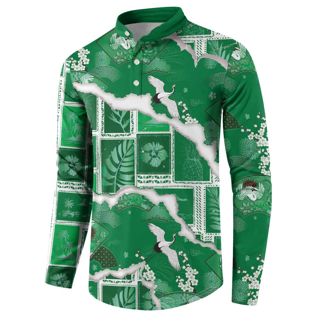 Hawaii Japanese Culture Green Button Sweatshirt Spring Cranes Aloha Pattern LT01 - Polynesian Pride