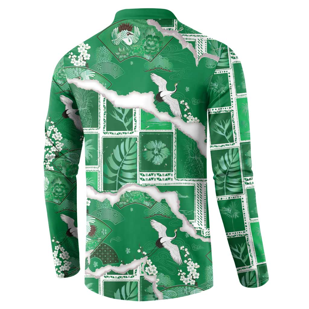 Hawaii Japanese Culture Green Button Sweatshirt Spring Cranes Aloha Pattern LT01 - Polynesian Pride