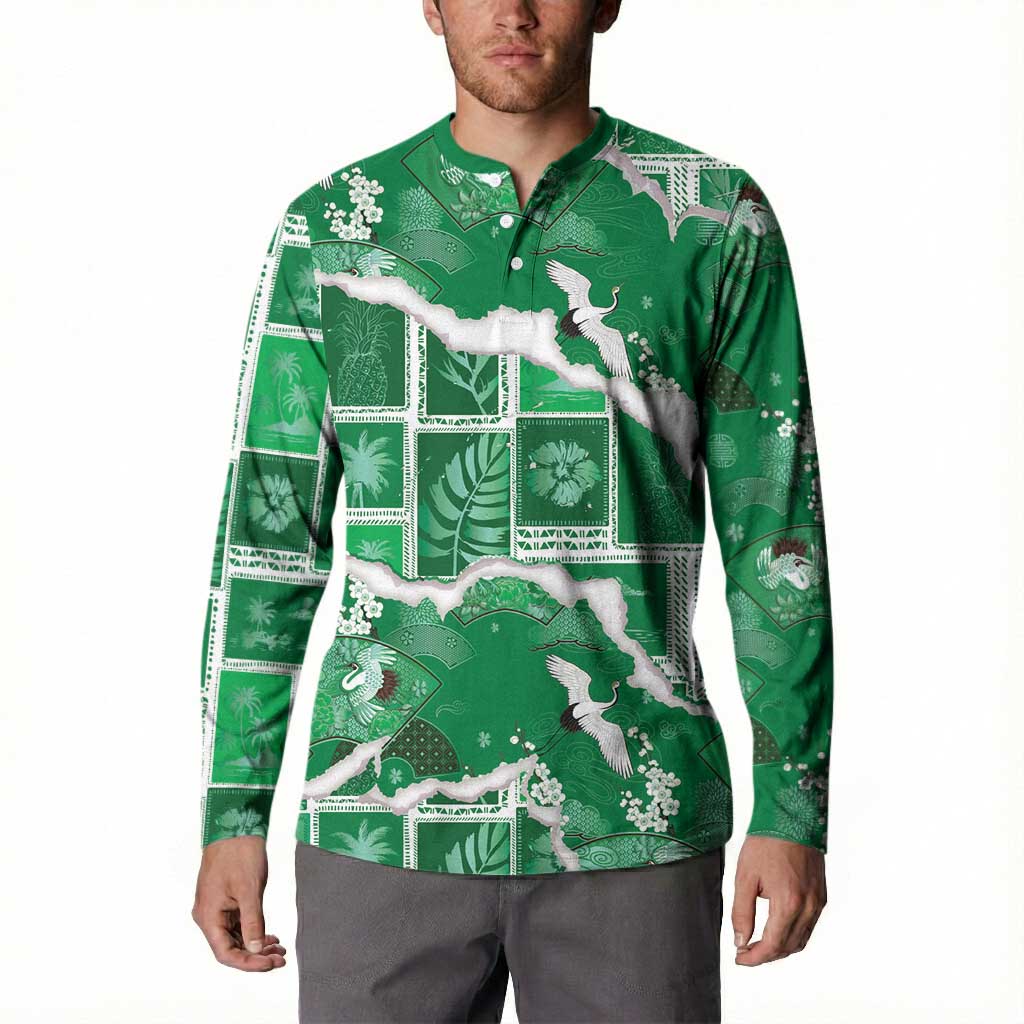 Hawaii Japanese Culture Green Button Sweatshirt Spring Cranes Aloha Pattern LT01 - Polynesian Pride