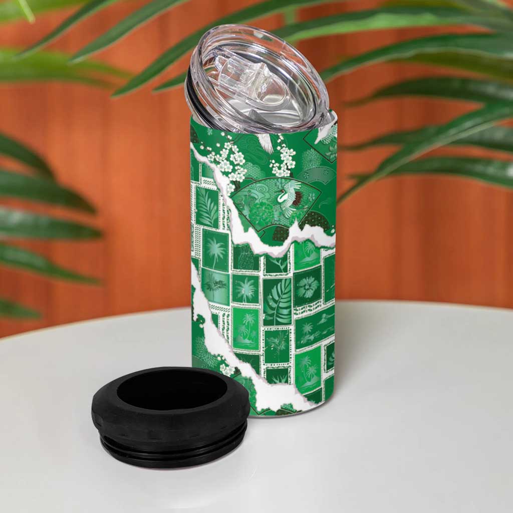 Hawaii Japanese Culture Green 4 in 1 Can Cooler Tumbler Spring Cranes Aloha Pattern LT01 - Polynesian Pride