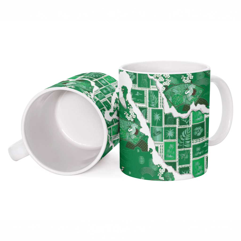 Hawaii Japanese Culture Green Ceramic Mug Spring Cranes Aloha Pattern LT01 - Polynesian Pride