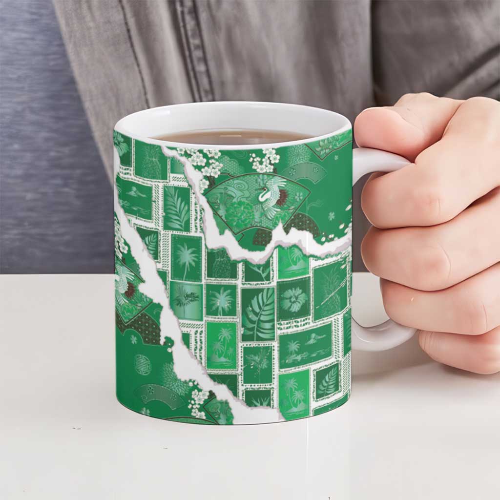 Hawaii Japanese Culture Green Ceramic Mug Spring Cranes Aloha Pattern LT01 - Polynesian Pride