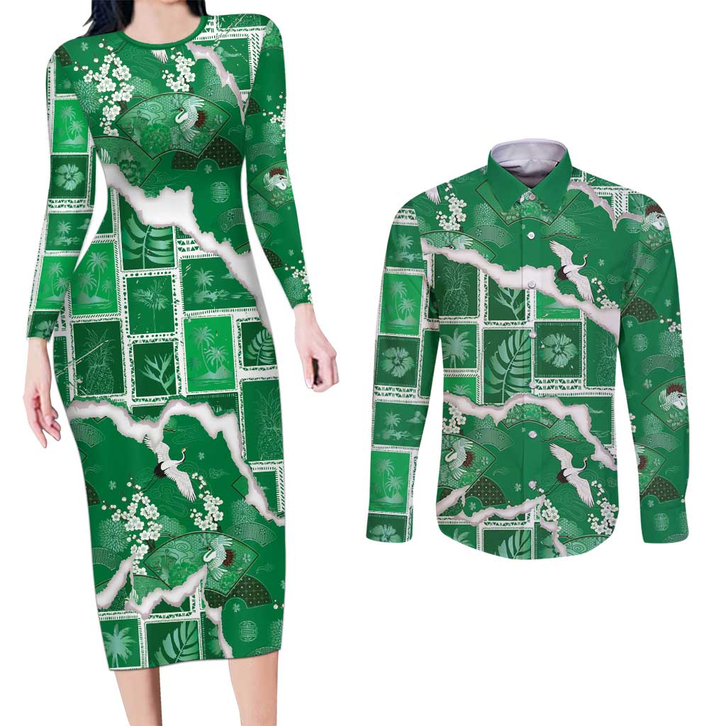 Hawaii Japanese Culture Green Couples Matching Long Sleeve Bodycon Dress and Long Sleeve Button Shirt Spring Cranes Aloha Pattern