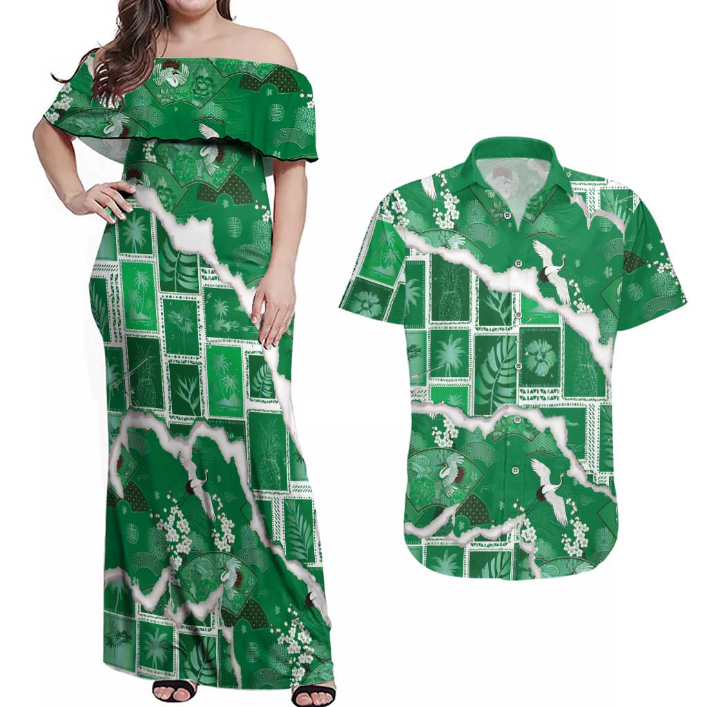 Hawaii Japanese Culture Green Couples Matching Off Shoulder Maxi Dress and Hawaiian Shirt Spring Cranes Aloha Pattern LT01 Green - Polynesian Pride