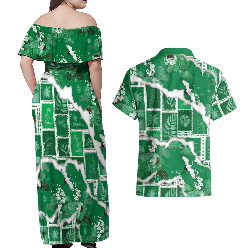 Hawaii Japanese Culture Green Couples Matching Off Shoulder Maxi Dress and Hawaiian Shirt Spring Cranes Aloha Pattern LT01 - Polynesian Pride