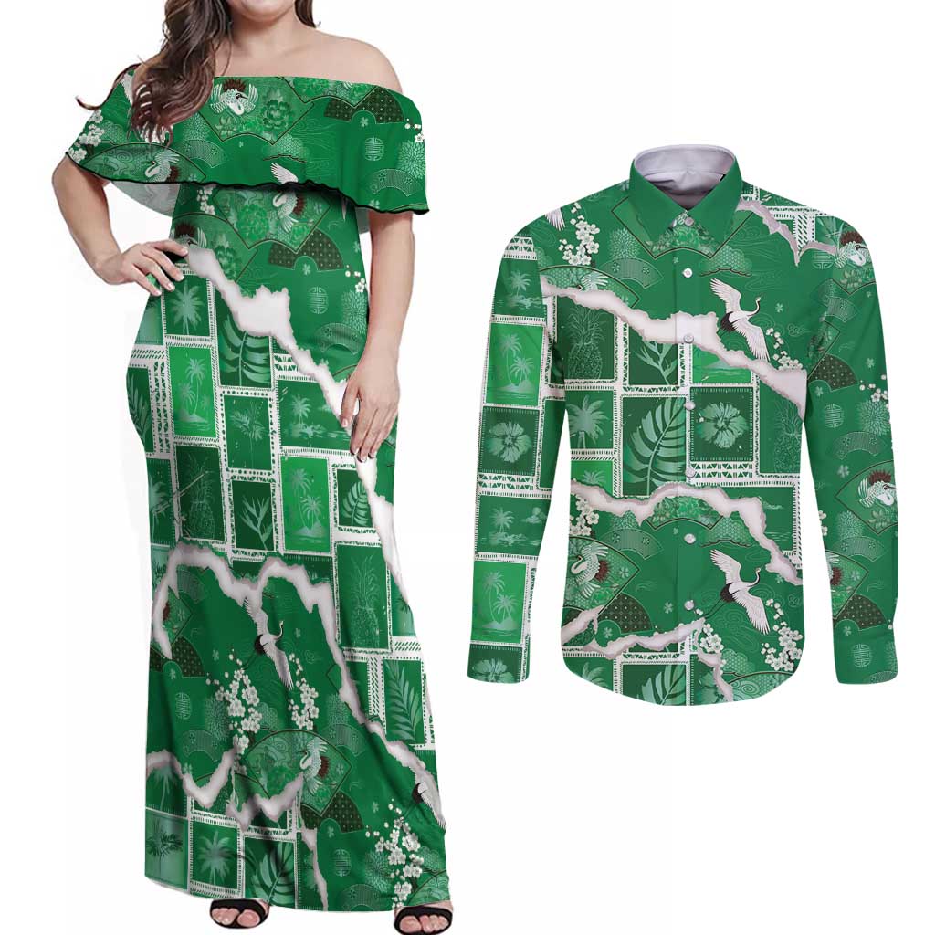 Hawaii Japanese Culture Green Couples Matching Off Shoulder Maxi Dress and Long Sleeve Button Shirt Spring Cranes Aloha Pattern LT01 Green - Polynesian Pride