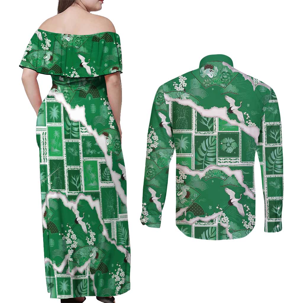 Hawaii Japanese Culture Green Couples Matching Off Shoulder Maxi Dress and Long Sleeve Button Shirt Spring Cranes Aloha Pattern LT01 - Polynesian Pride