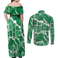 Hawaii Japanese Culture Green Couples Matching Off Shoulder Maxi Dress and Long Sleeve Button Shirt Spring Cranes Aloha Pattern LT01 - Polynesian Pride