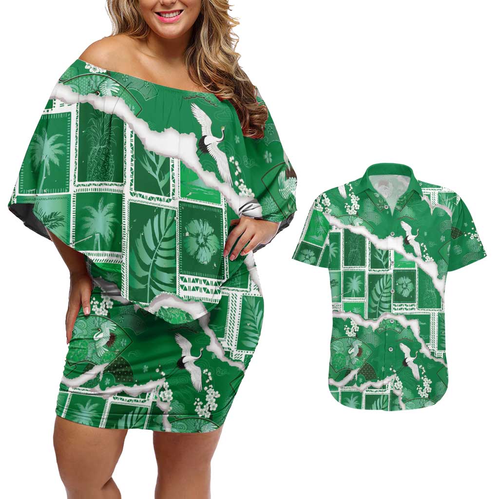 Hawaii Japanese Culture Green Couples Matching Off Shoulder Short Dress and Hawaiian Shirt Spring Cranes Aloha Pattern LT01 Green - Polynesian Pride