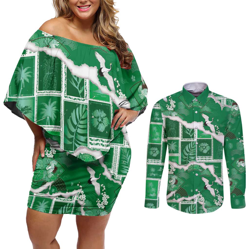 Hawaii Japanese Culture Green Couples Matching Off Shoulder Short Dress and Long Sleeve Button Shirt Spring Cranes Aloha Pattern LT01 Green - Polynesian Pride
