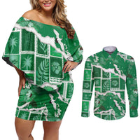 Hawaii Japanese Culture Green Couples Matching Off Shoulder Short Dress and Long Sleeve Button Shirt Spring Cranes Aloha Pattern LT01 Green - Polynesian Pride