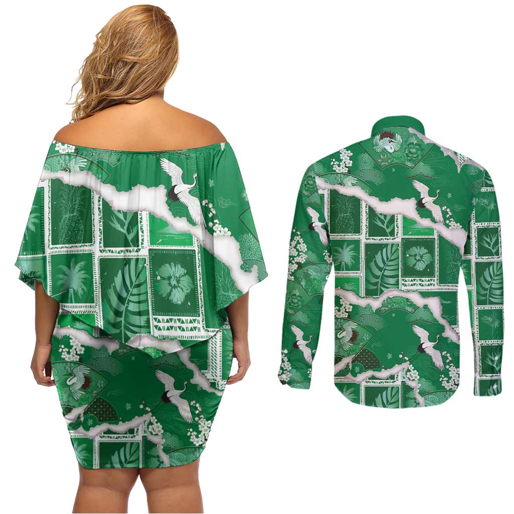 Hawaii Japanese Culture Green Couples Matching Off Shoulder Short Dress and Long Sleeve Button Shirt Spring Cranes Aloha Pattern LT01 - Polynesian Pride