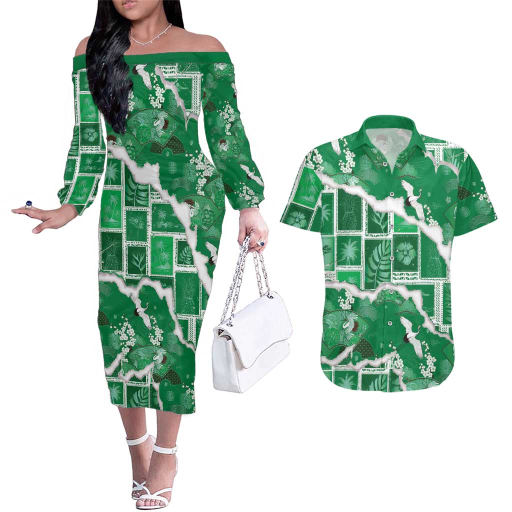 Hawaii Japanese Culture Green Couples Matching Off The Shoulder Long Sleeve Dress and Hawaiian Shirt Spring Cranes Aloha Pattern LT01 Green - Polynesian Pride