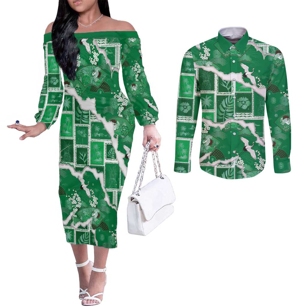 Hawaii Japanese Culture Green Couples Matching Off The Shoulder Long Sleeve Dress and Long Sleeve Button Shirt Spring Cranes Aloha Pattern LT01 Green - Polynesian Pride