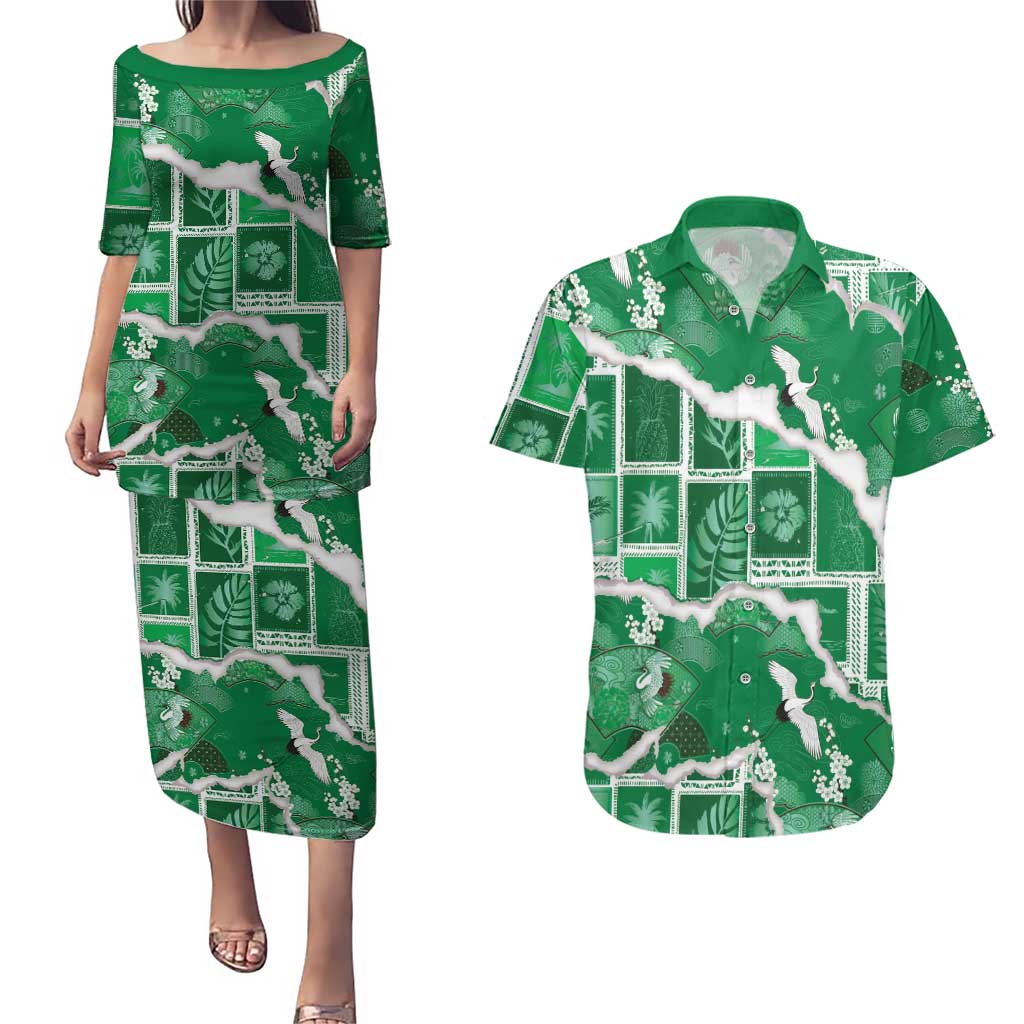 Hawaii Japanese Culture Green Couples Matching Puletasi and Hawaiian Shirt Spring Cranes Aloha Pattern LT01 Green - Polynesian Pride
