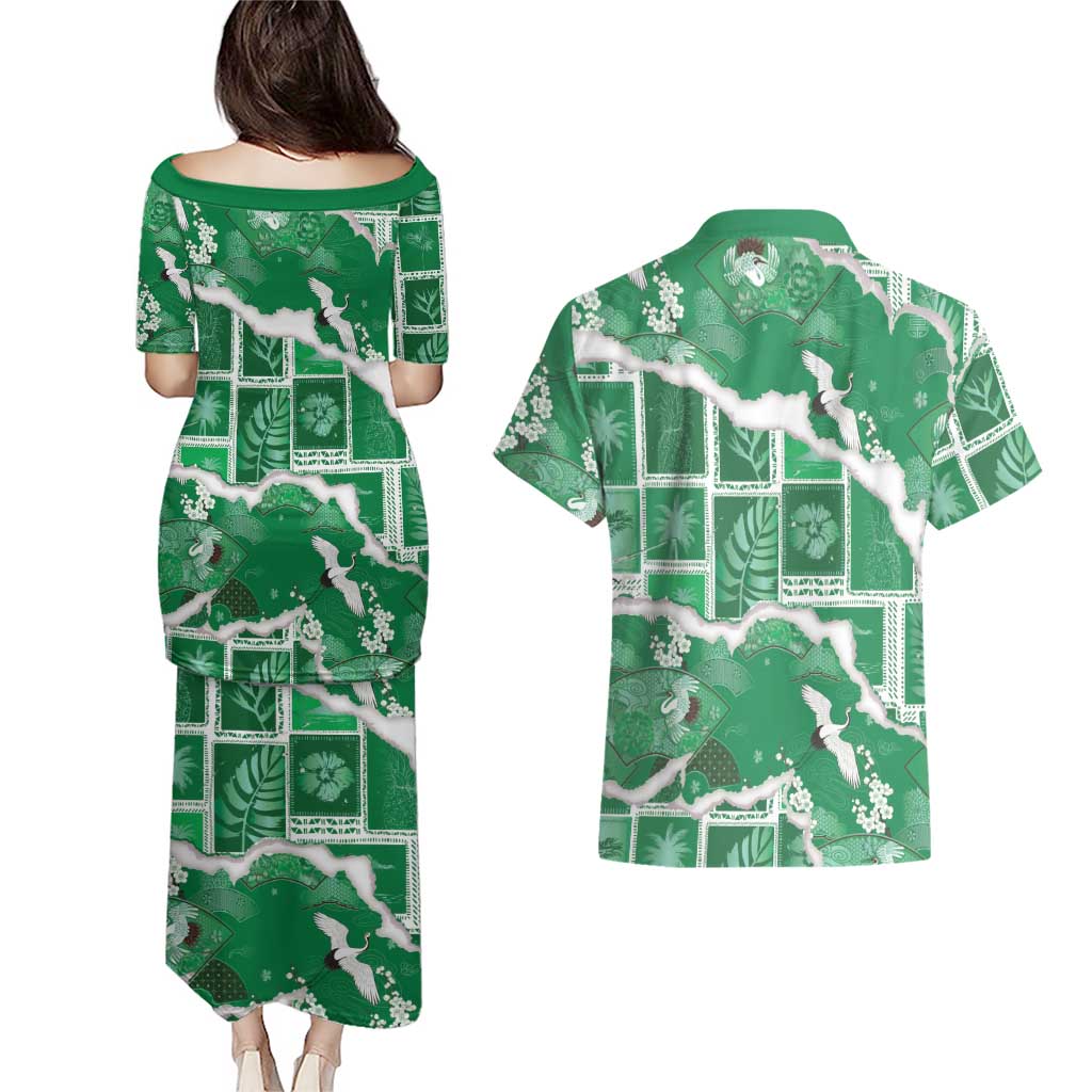 Hawaii Japanese Culture Green Couples Matching Puletasi and Hawaiian Shirt Spring Cranes Aloha Pattern LT01 - Polynesian Pride