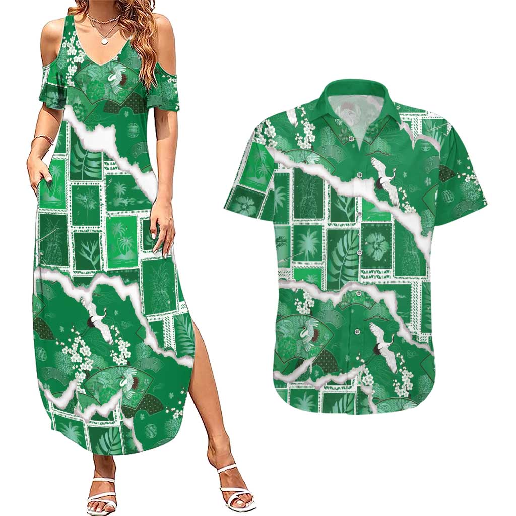 Hawaii Japanese Culture Green Couples Matching Summer Maxi Dress and Hawaiian Shirt Spring Cranes Aloha Pattern LT01 Green - Polynesian Pride