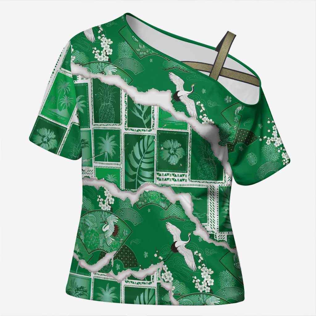 Hawaii Japanese Culture Green Cross Shoulder Shirt Spring Cranes Aloha Pattern LT01 Female Green - Polynesian Pride