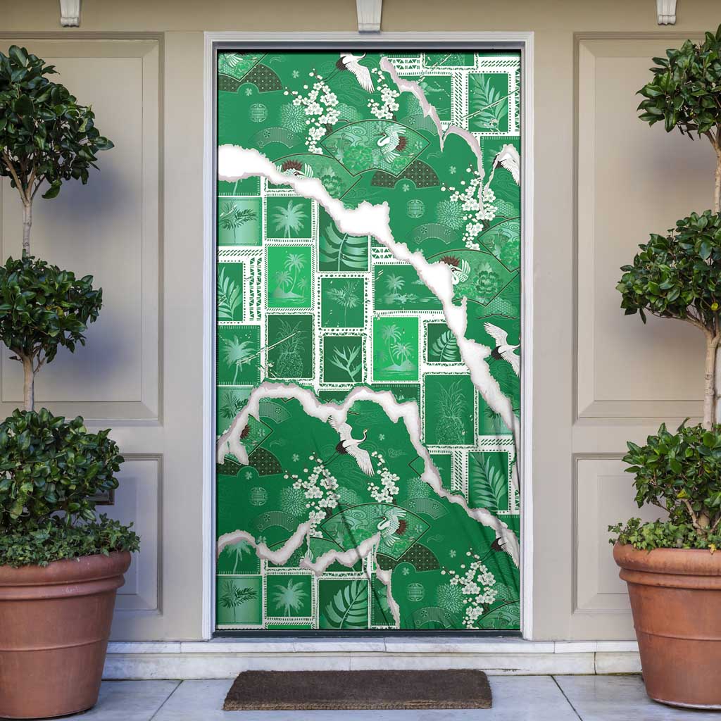 Hawaii Japanese Culture Green Door Cover Spring Cranes Aloha Pattern LT01 Green - Polynesian Pride