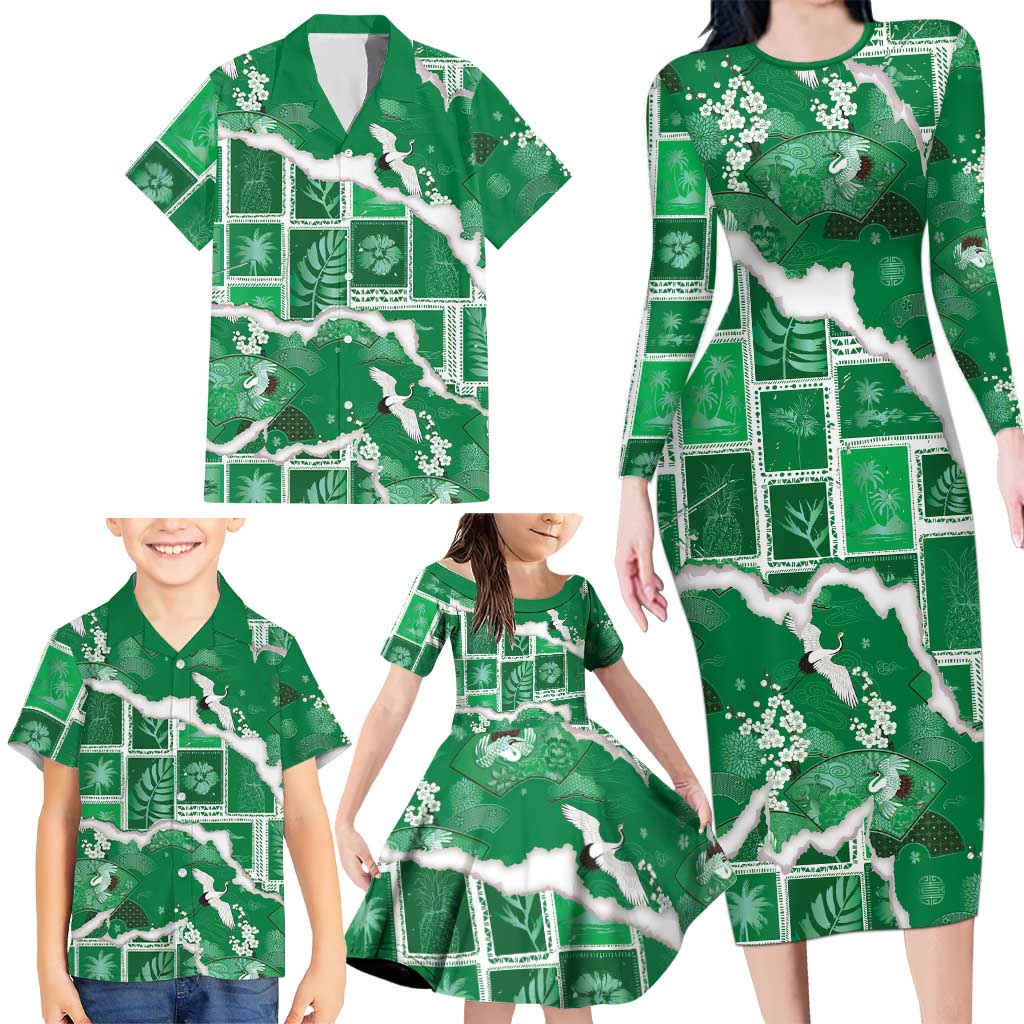 Hawaii Japanese Culture Green Family Matching Long Sleeve Bodycon Dress and Hawaiian Shirt Spring Cranes Aloha Pattern LT01 - Polynesian Pride