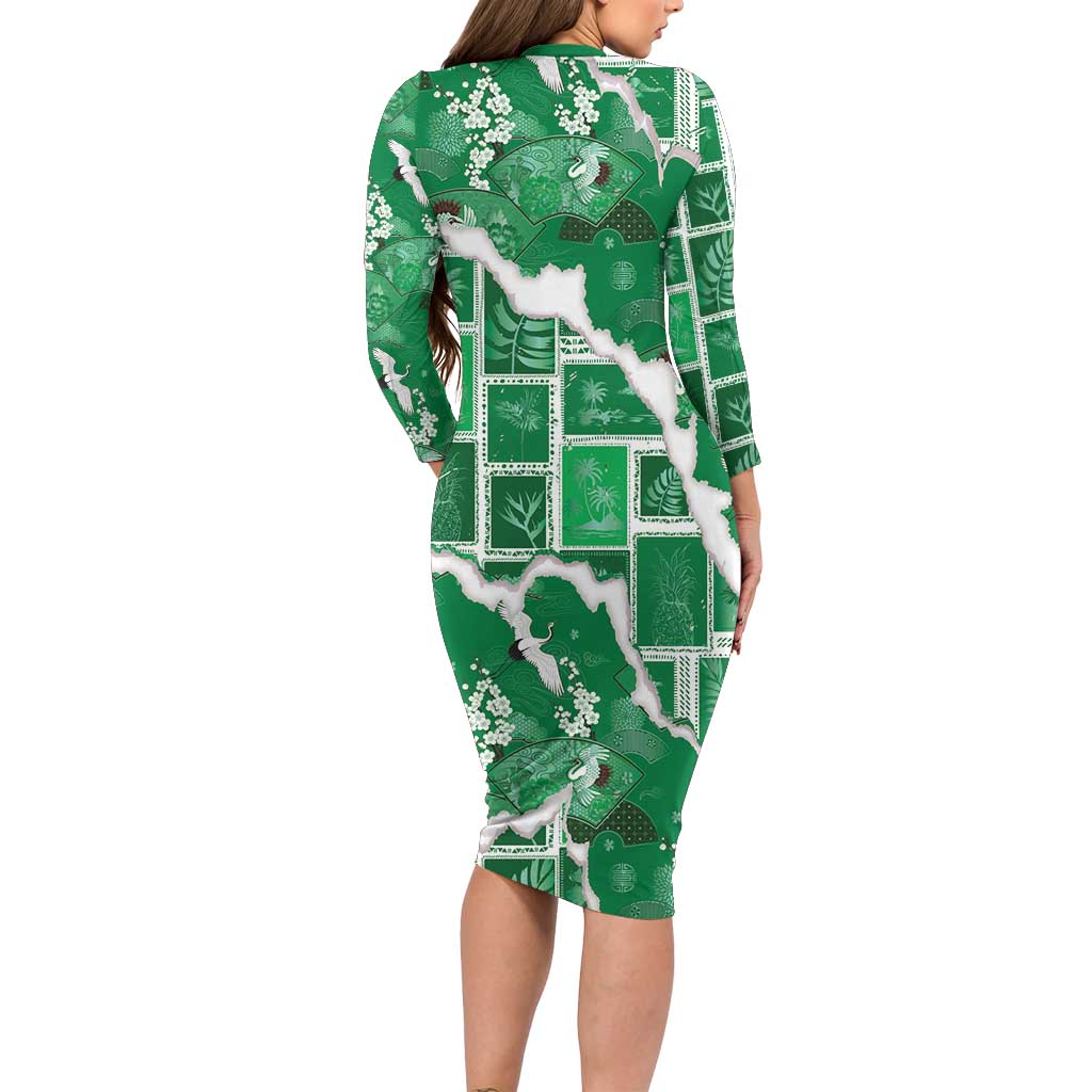 Hawaii Japanese Culture Green Family Matching Long Sleeve Bodycon Dress and Hawaiian Shirt Spring Cranes Aloha Pattern