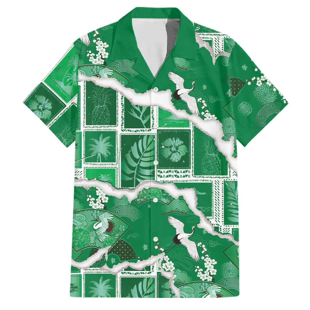 Hawaii Japanese Culture Green Family Matching Off The Shoulder Long Sleeve Dress and Hawaiian Shirt Spring Cranes Aloha Pattern