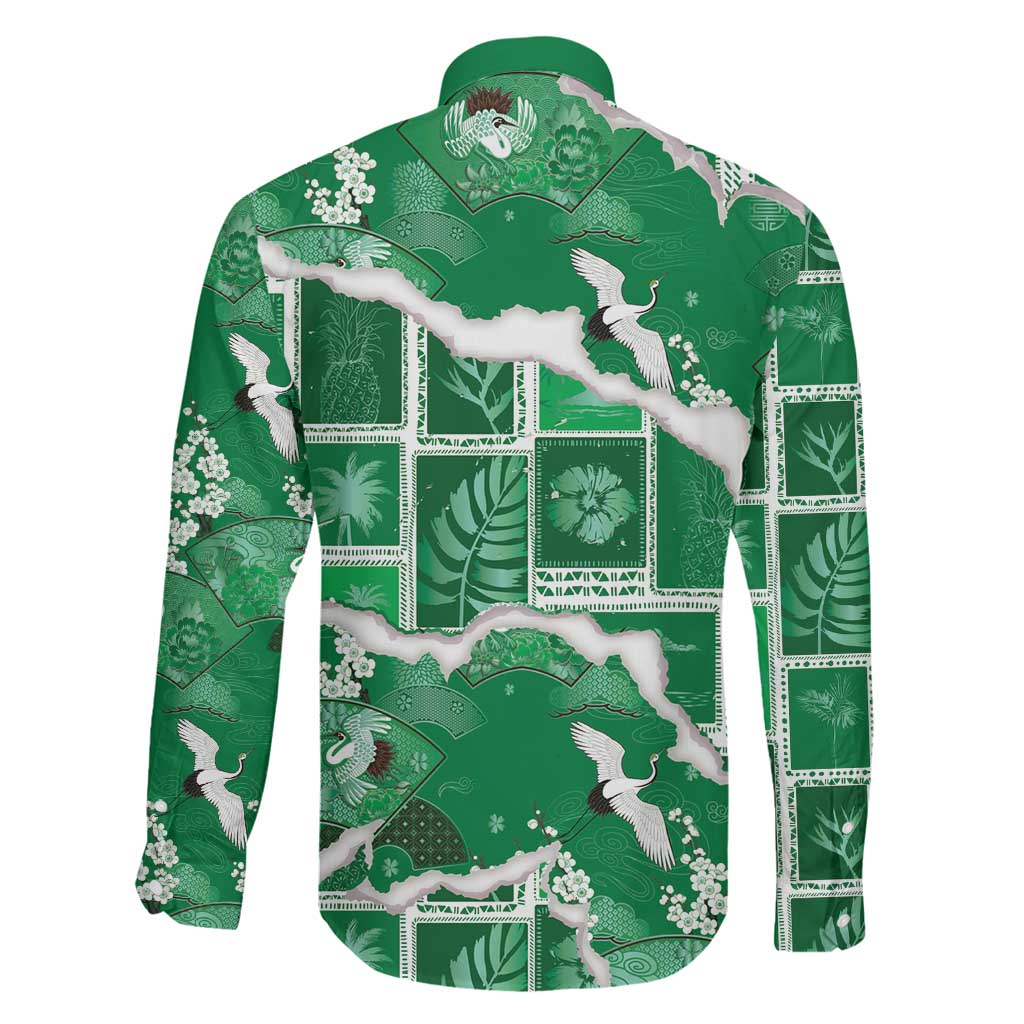 Hawaii Japanese Culture Green Family Matching Short Sleeve Bodycon Dress and Hawaiian Shirt Spring Cranes Aloha Pattern