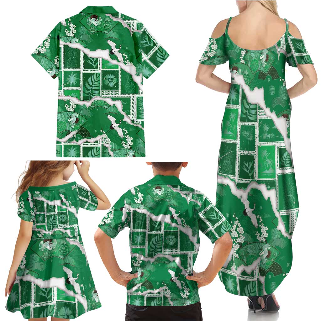 Hawaii Japanese Culture Green Family Matching Summer Maxi Dress and Hawaiian Shirt Spring Cranes Aloha Pattern