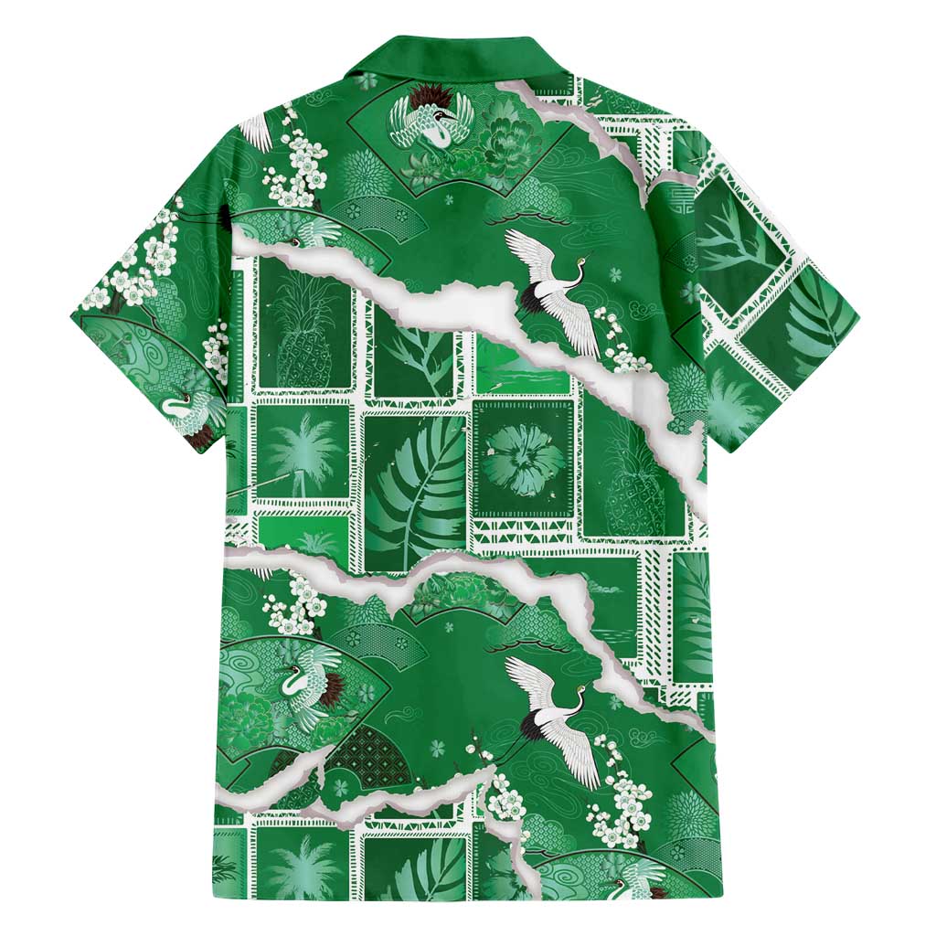 Hawaii Japanese Culture Green Family Matching Tank Maxi Dress and Hawaiian Shirt Spring Cranes Aloha Pattern