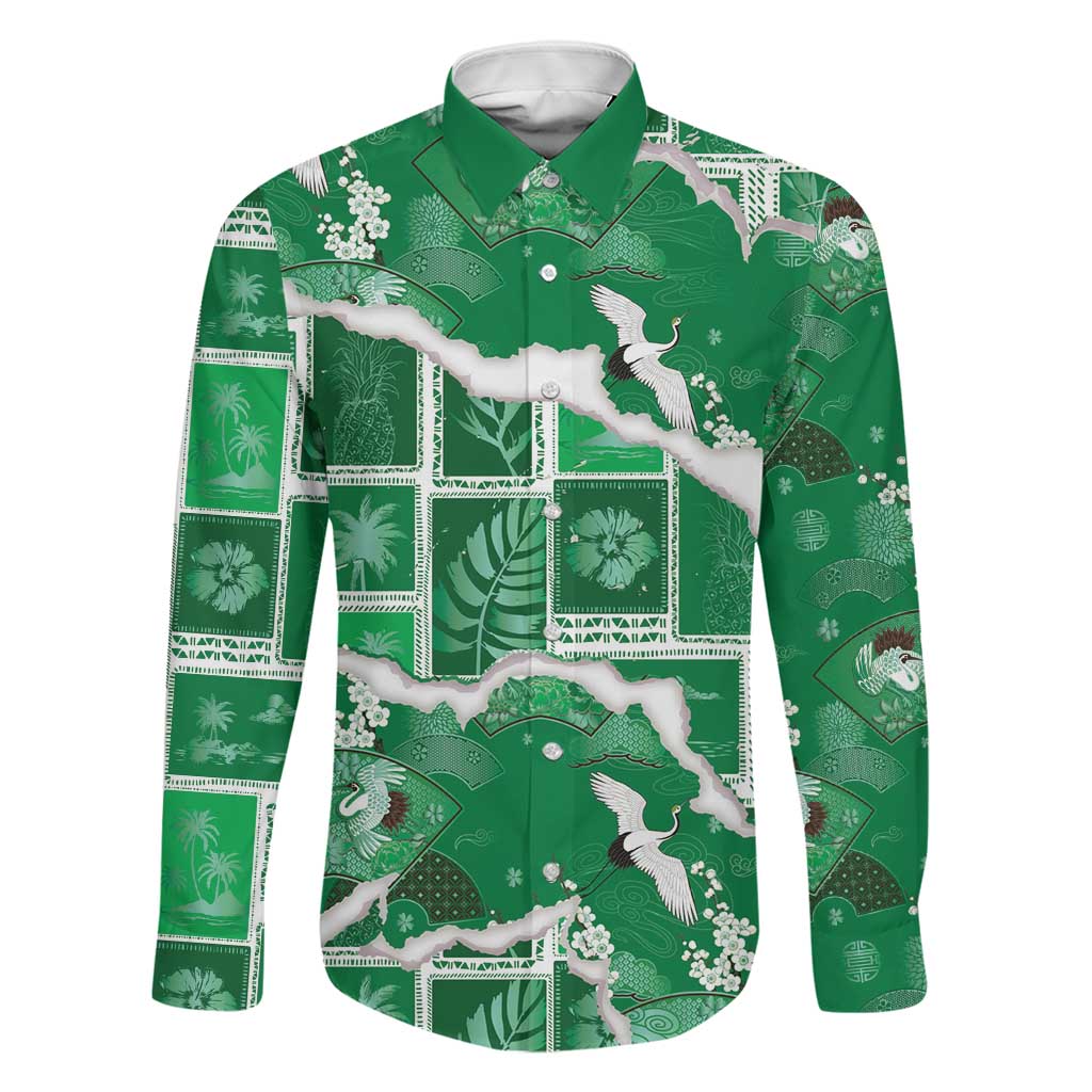 Hawaii Japanese Culture Green Family Matching Tank Maxi Dress and Hawaiian Shirt Spring Cranes Aloha Pattern