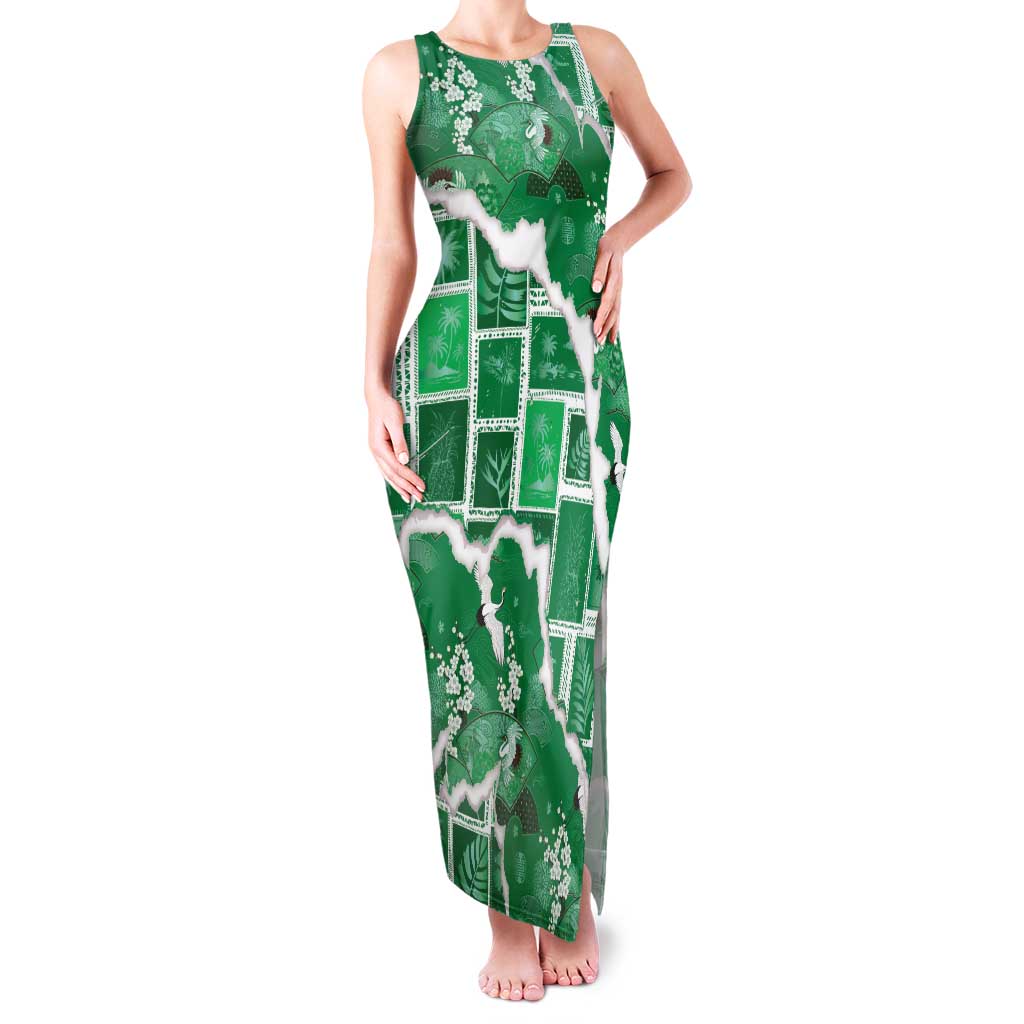Hawaii Japanese Culture Green Family Matching Tank Maxi Dress and Hawaiian Shirt Spring Cranes Aloha Pattern