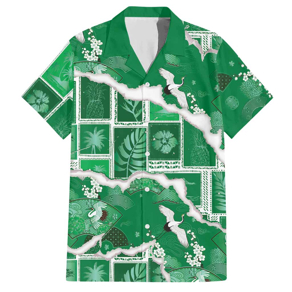 Hawaii Japanese Culture Green Hawaiian Shirt Spring Cranes Aloha Pattern LT01 Green - Polynesian Pride