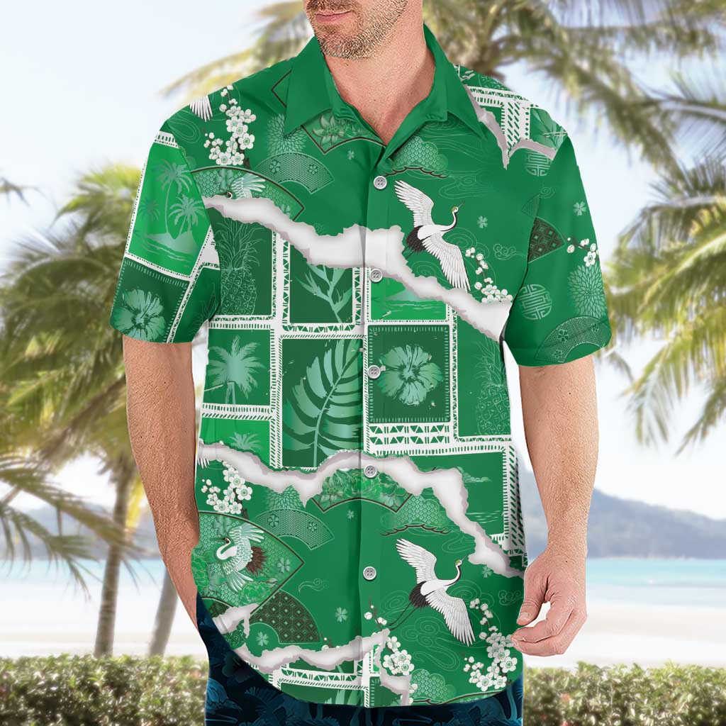Hawaii Japanese Culture Green Hawaiian Shirt Spring Cranes Aloha Pattern LT01 - Polynesian Pride