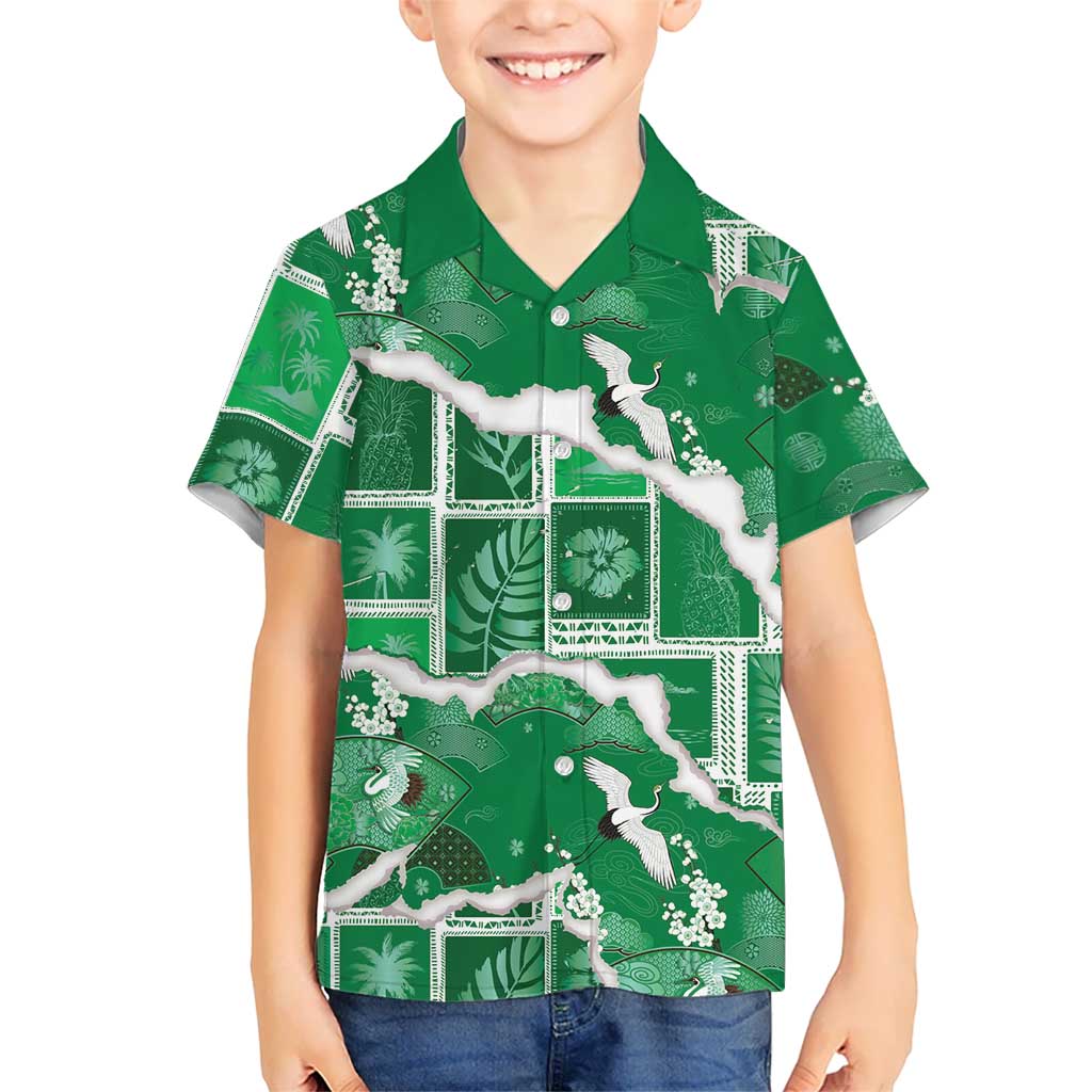 Hawaii Japanese Culture Green Hawaiian Shirt Spring Cranes Aloha Pattern LT01 - Polynesian Pride