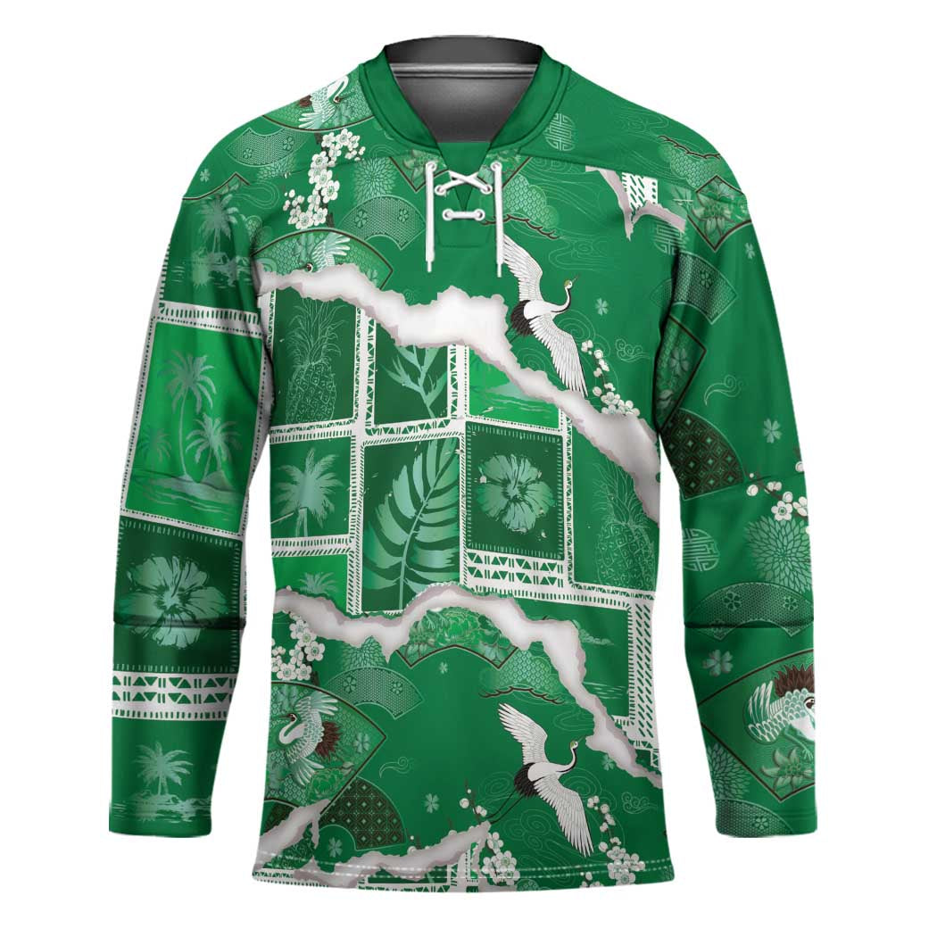 Hawaii Japanese Culture Green Hockey Jersey Spring Cranes Aloha Pattern LT01 Unisex Green - Polynesian Pride