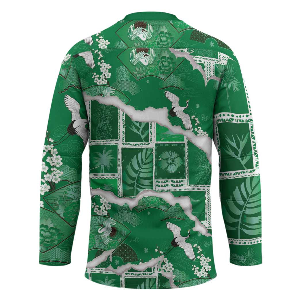 Hawaii Japanese Culture Green Hockey Jersey Spring Cranes Aloha Pattern LT01 - Polynesian Pride