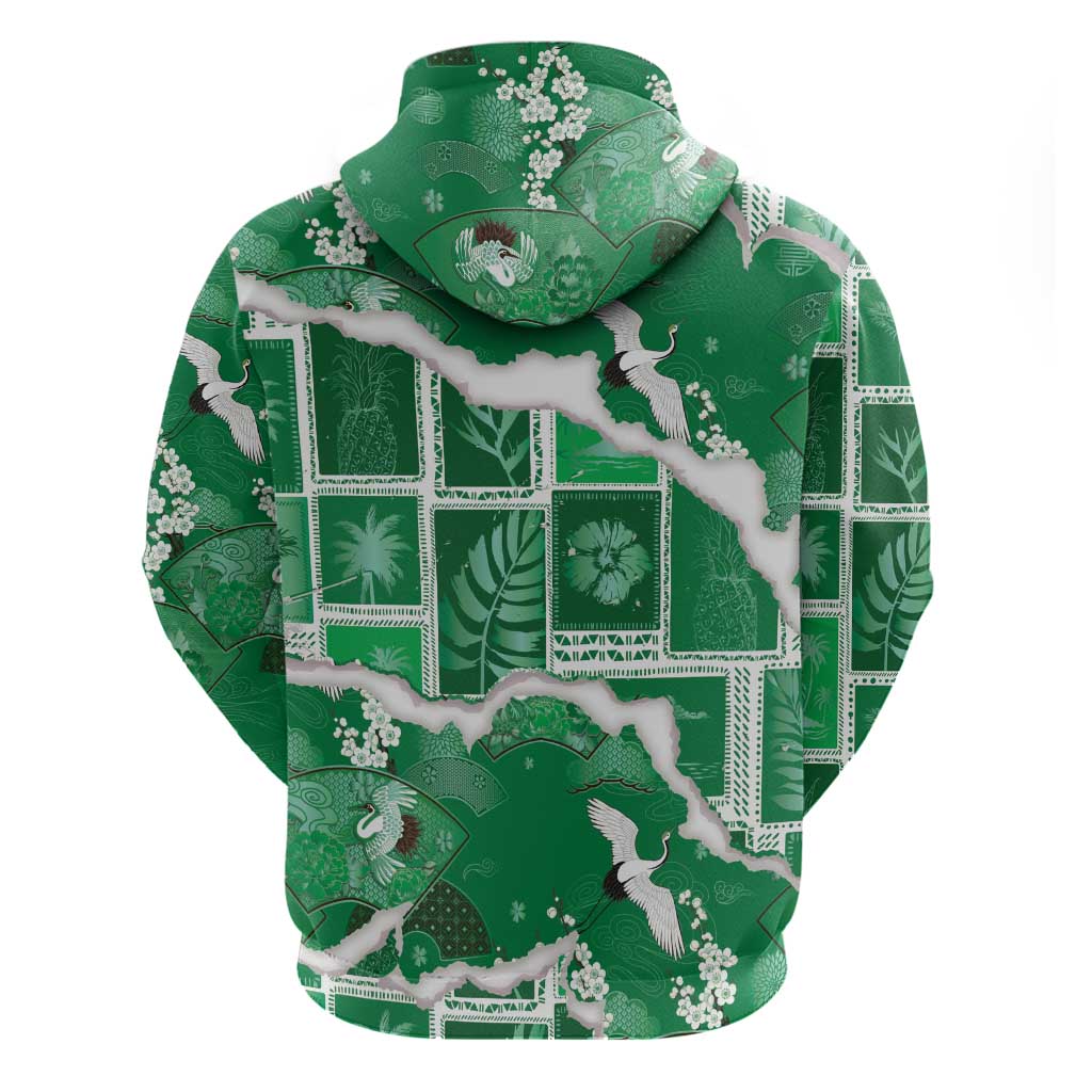 Hawaii Japanese Culture Green Hoodie Spring Cranes Aloha Pattern LT01 - Polynesian Pride