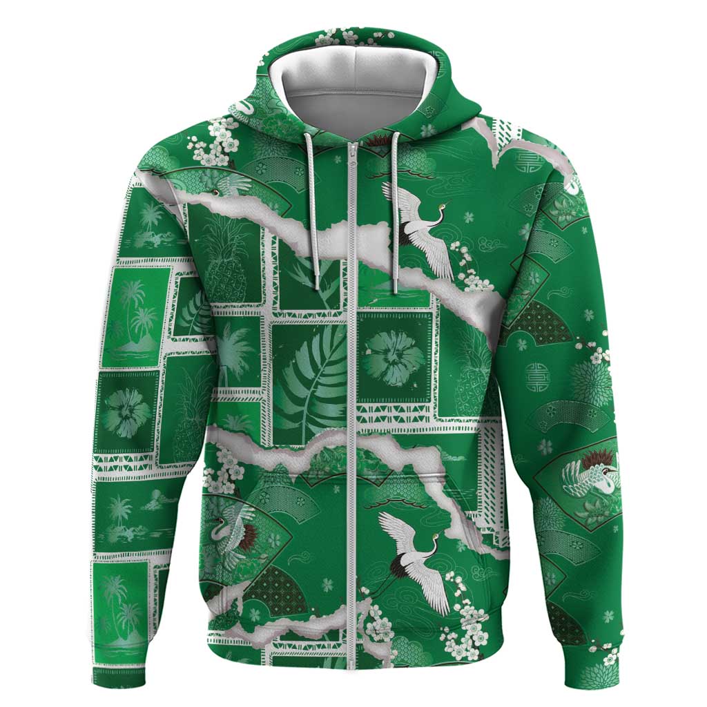Hawaii Japanese Culture Green Hoodie Spring Cranes Aloha Pattern LT01 Zip Hoodie Green - Polynesian Pride