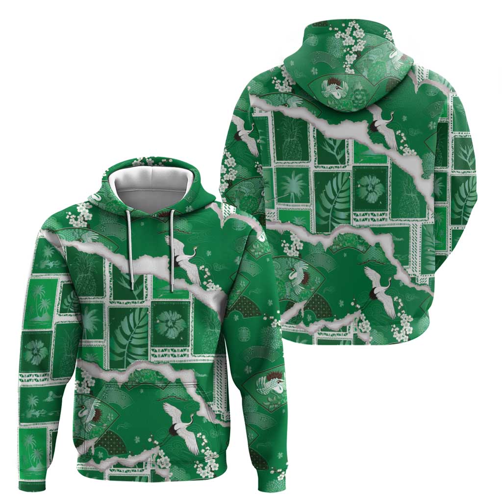 Hawaii Japanese Culture Green Hoodie Spring Cranes Aloha Pattern LT01 - Polynesian Pride