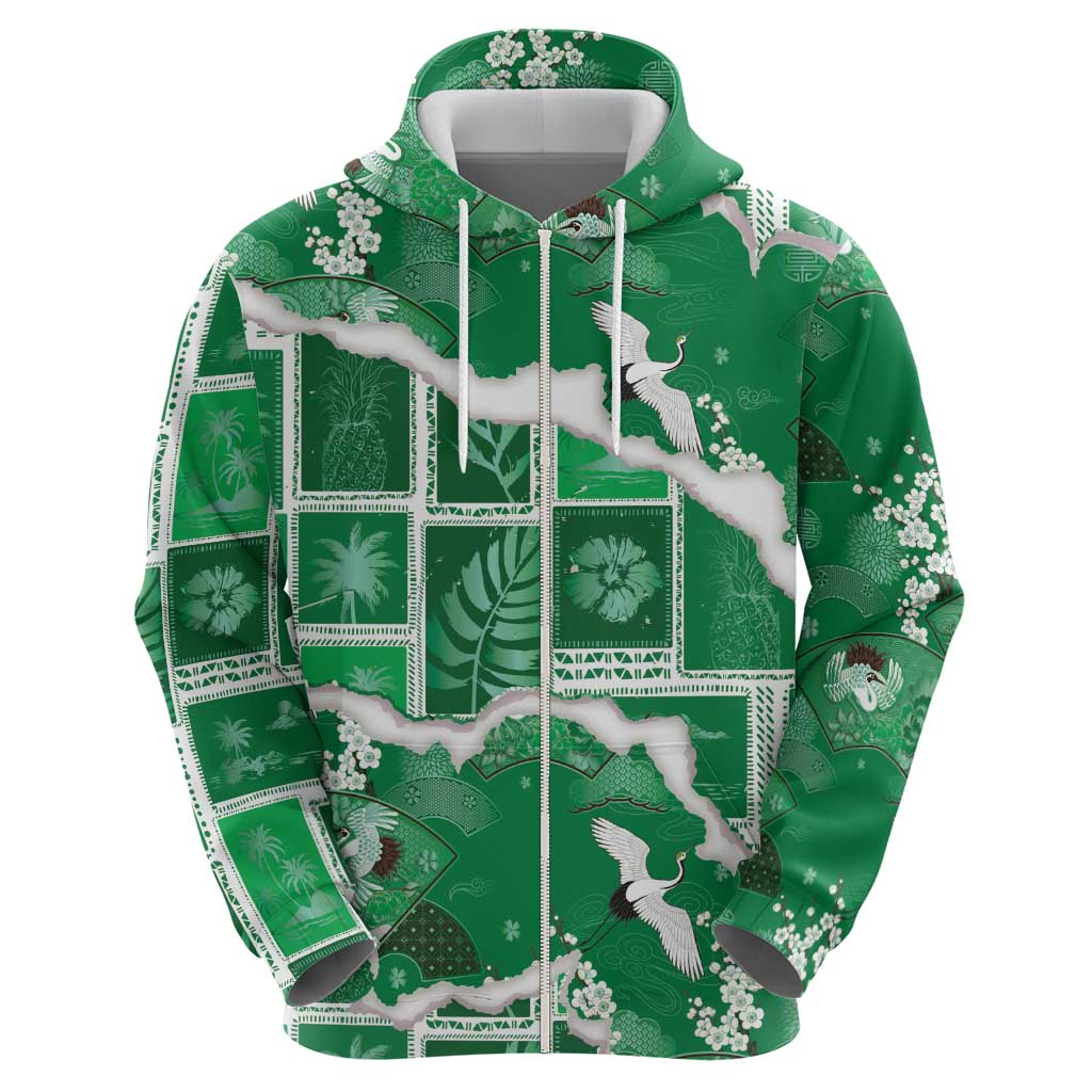 Hawaii Japanese Culture Green Hoodie Spring Cranes Aloha Pattern LT01 - Polynesian Pride