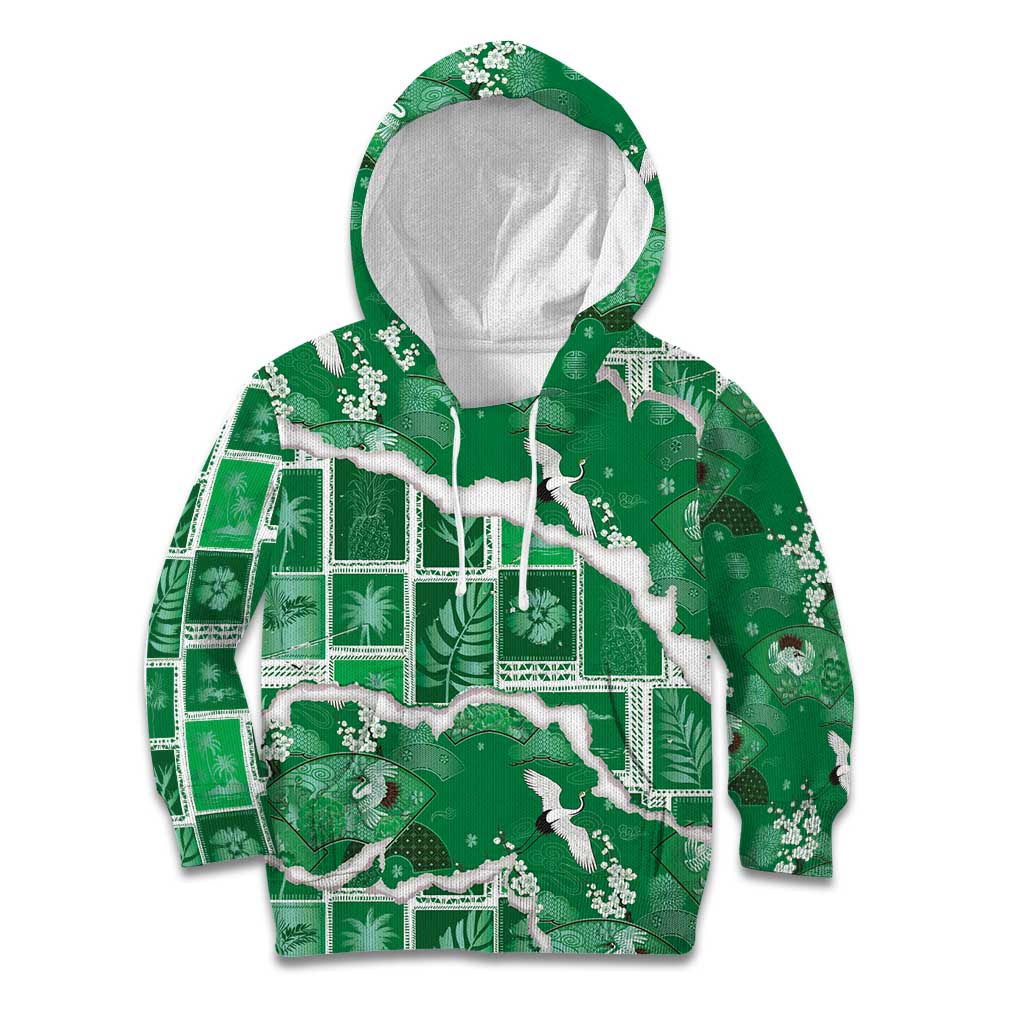 Hawaii Japanese Culture Green Kid Hoodie Spring Cranes Aloha Pattern LT01 Hoodie Green - Polynesian Pride