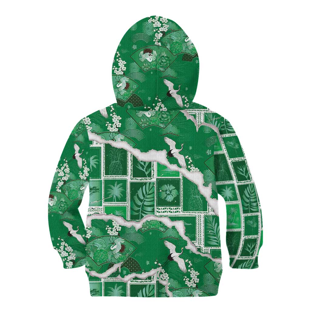 Hawaii Japanese Culture Green Kid Hoodie Spring Cranes Aloha Pattern LT01 - Polynesian Pride