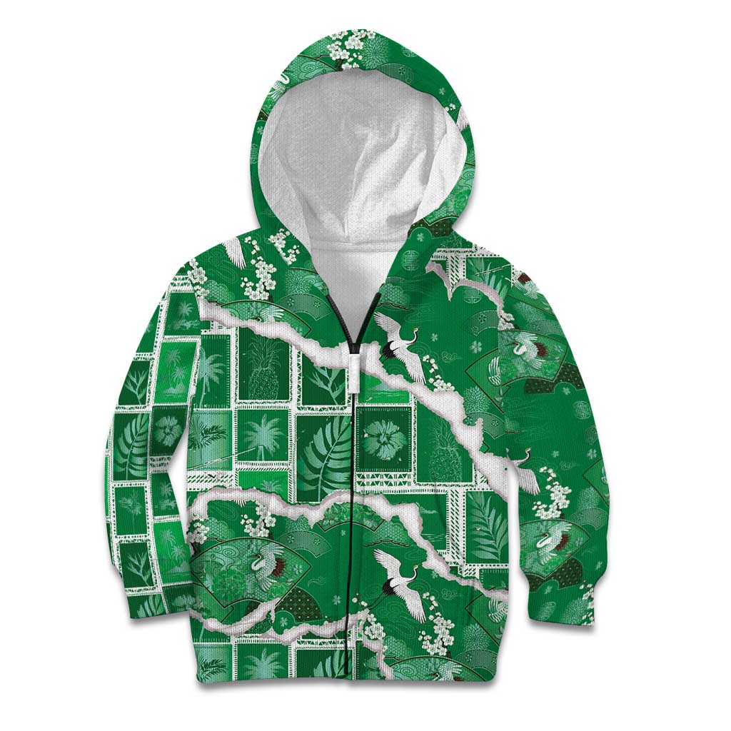 Hawaii Japanese Culture Green Kid Hoodie Spring Cranes Aloha Pattern LT01 Zip Hoodie Green - Polynesian Pride